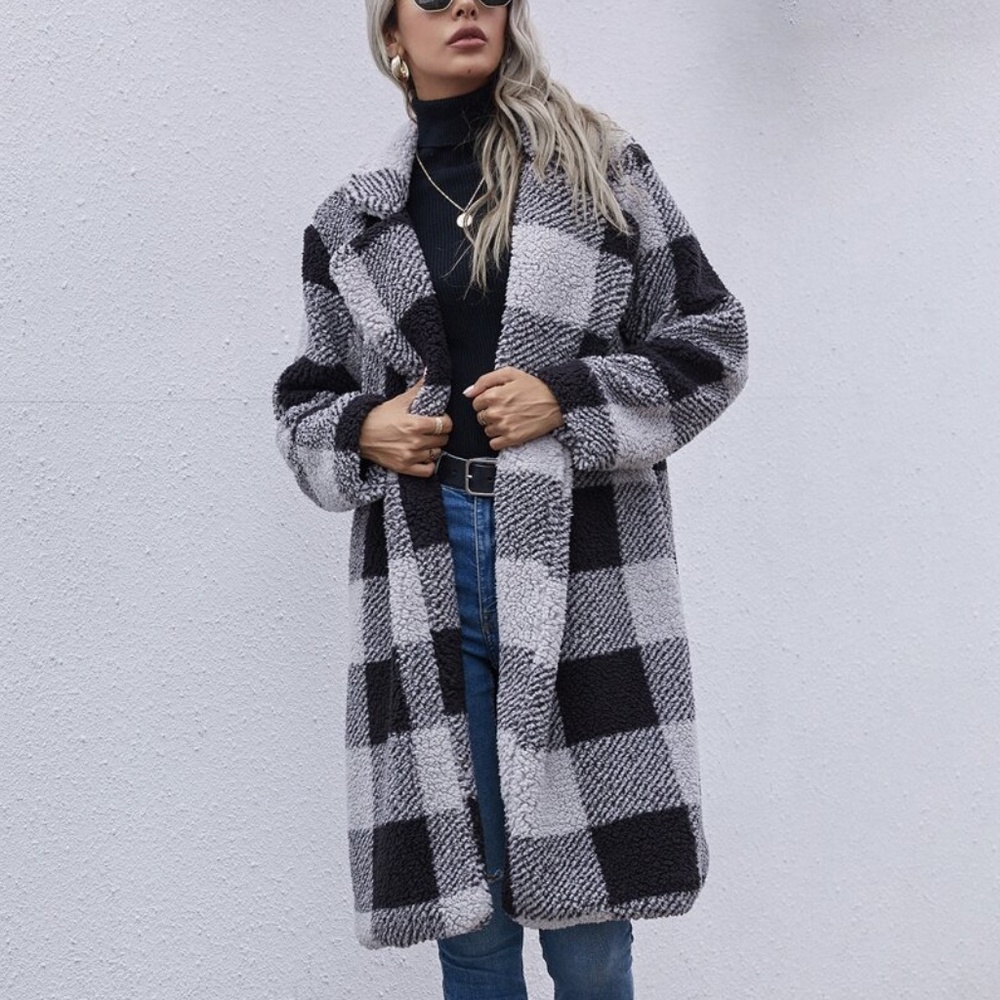 buffalo plaid black grey teddy trench coat jacket - Picture 1 of 7